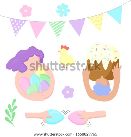 easter set with happy people in their hands they have eggs and easter buns. Flags, flowers, leaves
