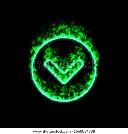 The symbol chevron circle down burns in green fire  