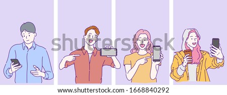 People are pointing on smartphone and looking at their phones. Hand drawn in thin line style, vector illustrations.