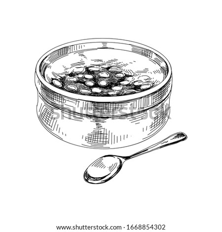 Ashure porridge bowl, retro hand drawn vector illustration. Traditional turkish cuisine, Noah's pudding, vintage sketch style on a white background. Royalty-Free Stock Photo #1668854302