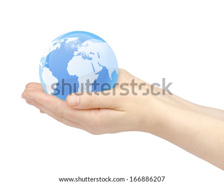Woman's hands holding the glass  earth globe on white background. 
