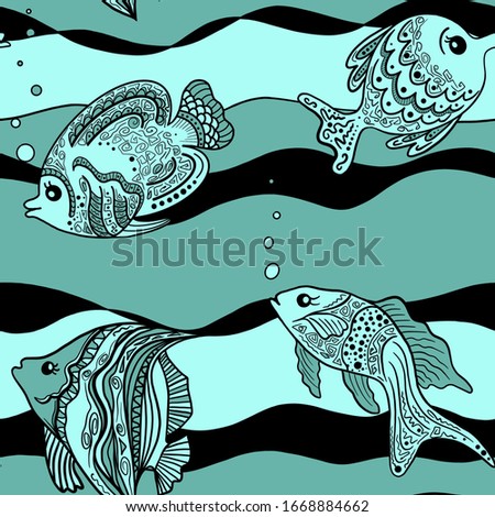 Seamless hand drawn pattern with fishes on the green waves. For prints, cards, posters, banners, backgrounds, wallpapers, textiles, clothes, wrapping papers, fashion 