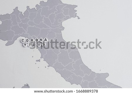 The word "corona virus" over Italy map.medical concept