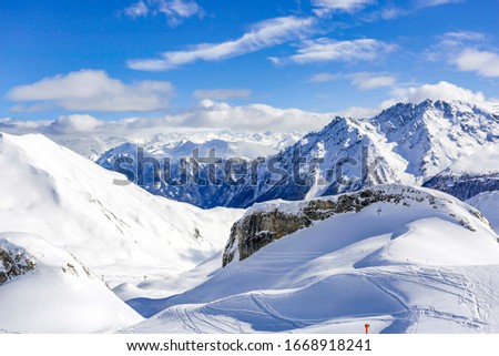 Winter landscape of mountains and sunny cold day.Free space for your decoration. 