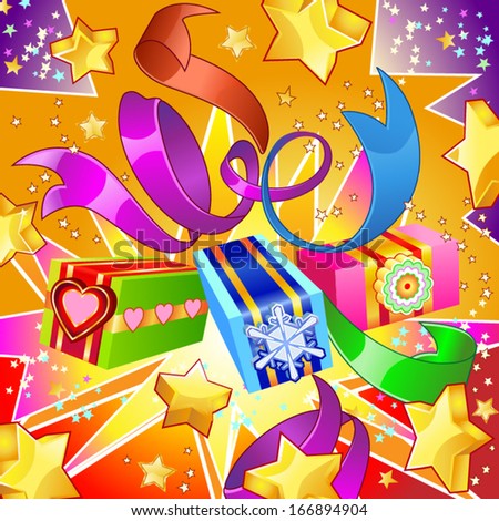 holiday vector background with gifts, ribbons and stars
