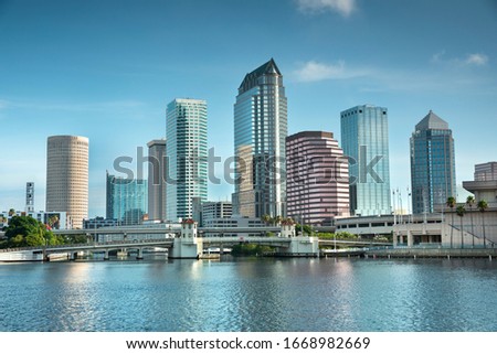 Downtown city skyline view of Tampa Florida USA looking over the Hillsborough Bay and the Riverwalk