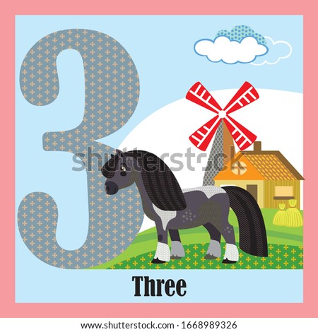 Vector cartoon flashcards of animal numbers, number 3. Colorful cartoon illustration of number 3 and pony vector character.Bright colors zoo wildlife image.Cute flat cartoon style. Stock illustration.