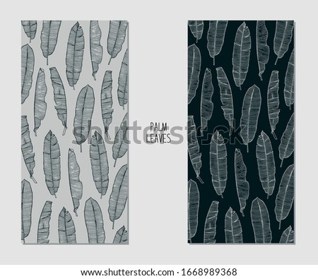 Two cards with hand drawn sketch style banana leaves. Tropical label with palm leaves. 