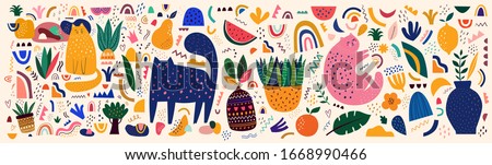 Doodles collection. Decorative abstract horizontal banner with colorful doodles. Hand-drawn modern illustration with cats, flowers, abstract elements