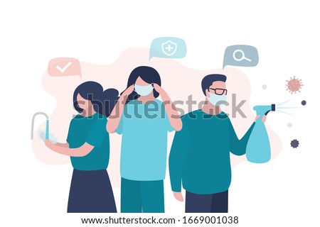 Virus prevention concept. Group of people wash their hands, wear protective masks and disinfect objects. Health care concept. Humans closeup. Global epidemic or pandemic. Trendy vector illustration Royalty-Free Stock Photo #1669001038