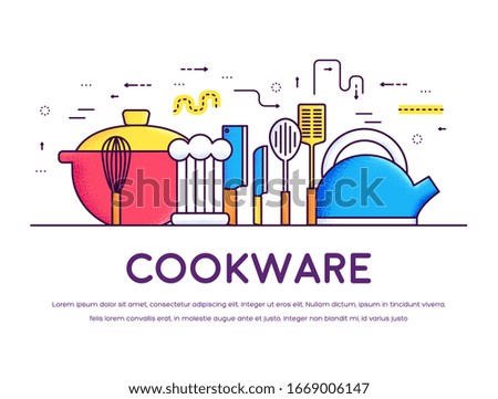 Cookware kitchen table for cooking in house. Vector outline illustration. On flat in thin lines style design. Background concept.