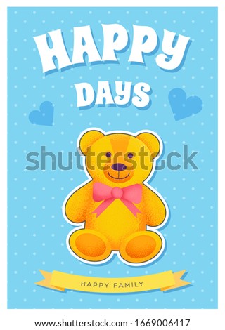 Kids bear toy on white background. Vector Teddy flat isolated design. Poster, flyer or brochure cover tamplate. Art grain textured