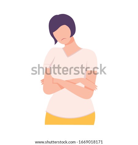 Lonely and Sad Young Woman Standing with Folded Hands Flat Vector Illustration