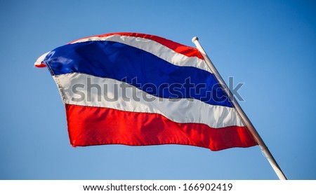 Image of waving Thai flag of Thailand with blue sky background