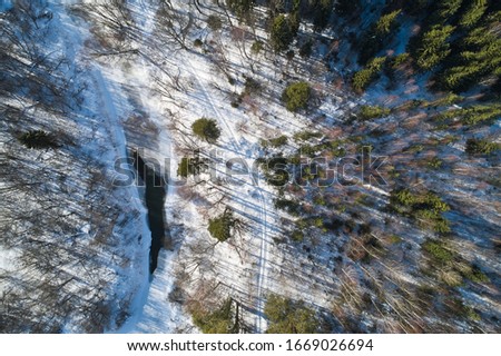 Beautiful Sunny landscape with forest, snow and frozen river. Aerial photography from a drone.