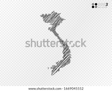 Vector black silhouette chaotic hand drawn scribble sketch  of Vietnam map on transparent background.
