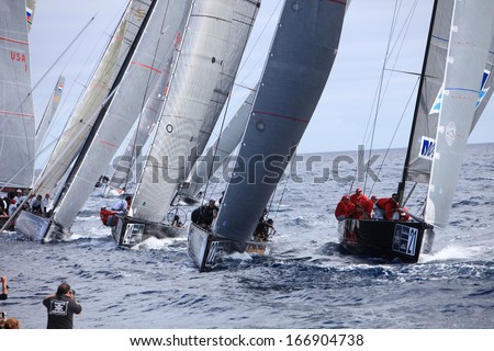 RC44 Class Association on Day 4 fleet racing in World Championship on November 19, 2011 on Puerto Calero, Lanzarote, Spain Royalty-Free Stock Photo #166904738