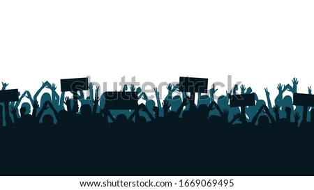 Protest and strike, demonstration and revolution concept. Silhouettes of crowd of people with raised up hands and flags. Political and human rights protest. Vector Royalty-Free Stock Photo #1669069495