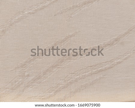 The surface of one slat blinds of light beige fabric with a light diagonal pattern (closeup, vertical, texture).