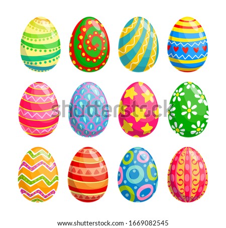 Easter egg isolated icons of religion holiday and egghunting vector design. Spring season painted eggs, decorated with colorful pattern of flower, stars and hearts, ornaments of stripes and dots Royalty-Free Stock Photo #1669082545