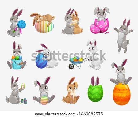 Easter bunny and rabbit with egg vector icons set of religion holiday and egghunting design. Cute cartoon hare animals with spring flower bouquet, Easter painted eggs, egghunting basket, wheelbarrow Royalty-Free Stock Photo #1669082575