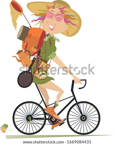 Traveler woman rides a bike isolated illustration. Smiling traveler woman in big hat with rucksack and outfit rides a bike and looks healthy and happy isolated on white
