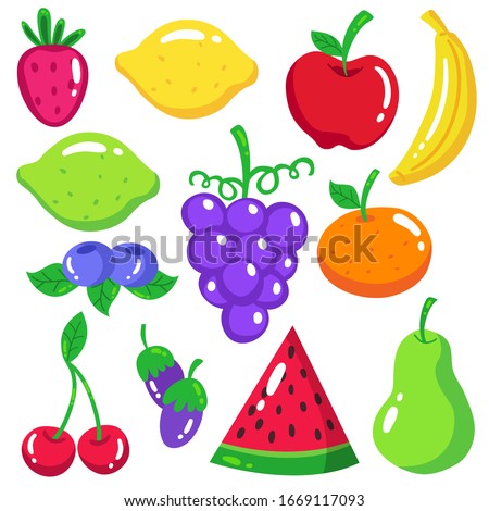 Cute bright colors of shiny fruits vector collection. Apple, lemon, banana, orange, pear, grapes, cherries, strawberry, blueberries in eps10. Shiny fruit graphics, clip art set, drawing, illustration