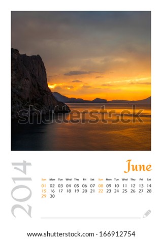 Photo calendar with minimalist landscape 2014. June. Version 3