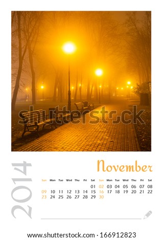 Photo calendar with minimalist landscape 2014. November. Version 3