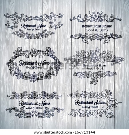 Retro set of labels for restaurant menu on wood texture. Vector vintage baroque engraving floral scroll filigree design