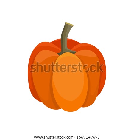 Halloween vector Illustration in cartoon style with ripe fresh orange pumpkin Isolated on white backdrop. organic bright gourd, autumn design template, Eco food concept, graphic design element