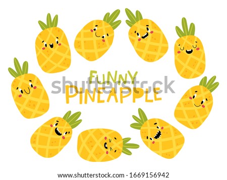 Pineapple tropical fruit collection. Funny characters with happy faces. Vector cartoon illustration in simple hand-drawn Scandinavian style. Ideal for printing baby products.