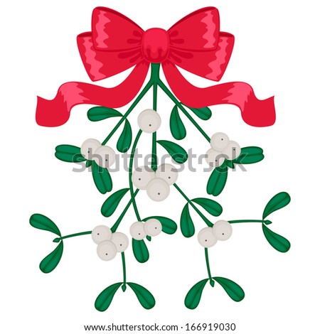 Mistletoe with red bow isolated on white background