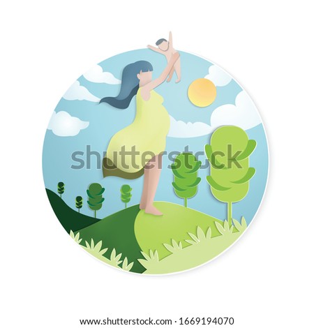 Young mother holding her newborn child. Mom nursing baby. Woman and new born with bright nature 
Clear sky