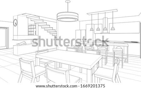 interior kitchen living room 3d illustration Royalty-Free Stock Photo #1669201375