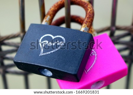 Two locks of black and pink color hanging on a bridge in the French capital