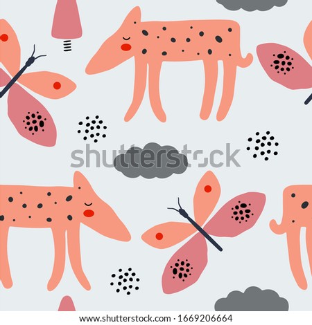 Abstract baby pattern with cute dog. Animal seamless cartoon illustration. Vector digital background with character art
