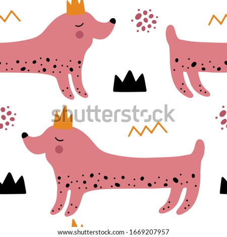 Abstract baby pattern with dog. Animal seamless cartoon illustration. Vector digital background with cute character art
