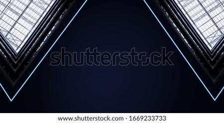Abstract dark geometric background. Black minimalism. Blue neon triangle.