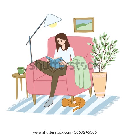Young woman is relaxing in the armchair with a book. Her cat is playing with a ball under it. Daily routine, hand drawn vector illustration cute cartoon style.