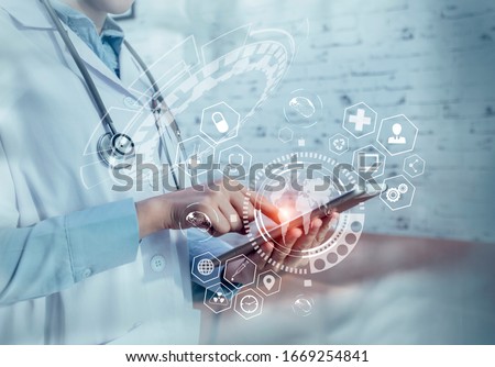 Double exposure of healthcare And Medicine concept. Doctor using modern virtual screen interface.