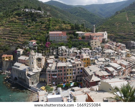 panorama of the picturesque village of Vernazza from the castle with the sea in the background