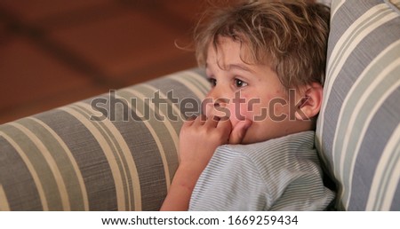 
Candid little boy child hypnotized by TV screen at night on sofa