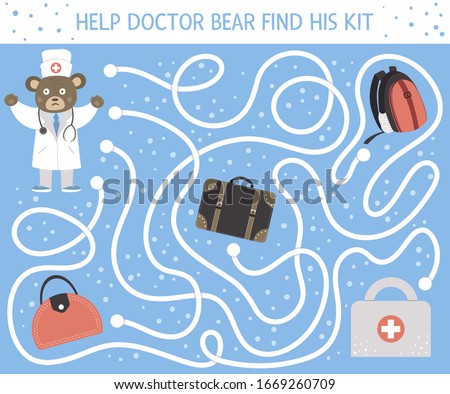 Medical maze for children. Preschool medicine activity. Funny puzzle game with cute doctor bear and lost first aid kit. Help the doctor find his bag