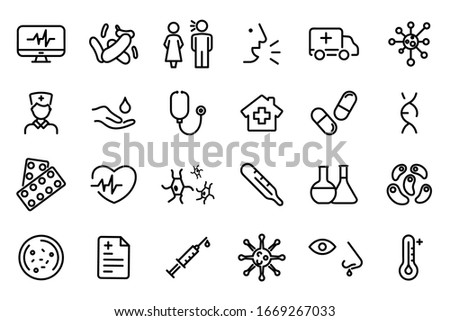 Medicine and Health symbols - Outline web icon set. Bacteria, Virus Vector Line Icons. Coronavirus icons, symptoms, transmission, prevention, treatment. Epidemic Coronavirus Royalty-Free Stock Photo #1669267033