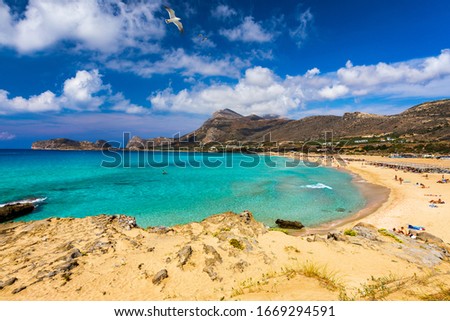 Panorama of turquoise beach Falasarna (Falassarna) in Crete with seagulls flying over, Greece. View of famous paradise sandy deep turquoise beach of Falasarna (Phalasarna), Crete island, Greece. Royalty-Free Stock Photo #1669294591