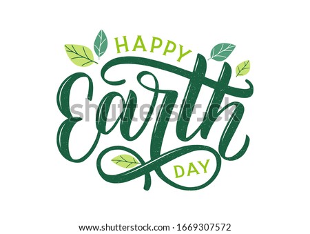 Happy Earth Day hand lettering logo decorated by leaves. Earth Day 2020 typography logo. Earth Day enviromental and eco activism vector concept EPS 10