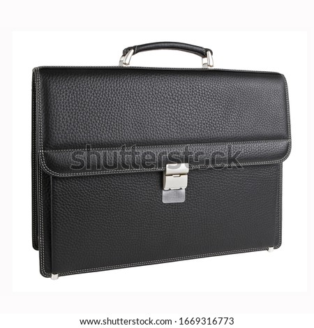 New fashion male business bag or briefcase in black leather. Without shadows. Isolated on white background  Royalty-Free Stock Photo #1669316773