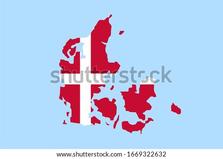 Map of Denmark on a blue background, Flag of Denmark on it. Royalty-Free Stock Photo #1669322632