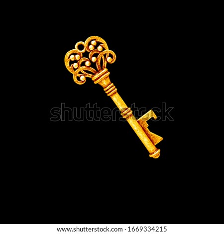 old gold key isolated on orange background with clipping path